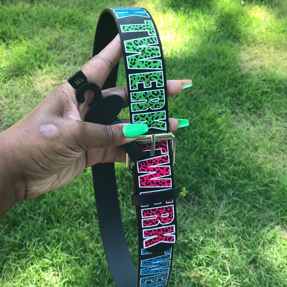 Black Multi Colored TWERK Leopard Print Font Belt - Picture 2 of 5